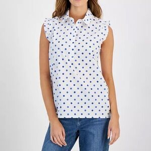 Tommy Hilfiger Cotton Dot-Print Ruffled-Trim Top White/blue dots Size M